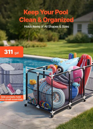 Pool Storage Bin, 62.6 x 32 x 36 in, Rolling Pool Float Storage Organizer with Side Pockets & Casters, Durable Plastic Frame, Poolside Toys Noodles Holder Mesh Basket for Swimming Pools