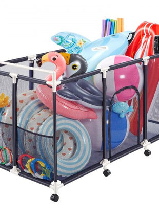 Pool Storage Bin, 62.6 x 32 x 36 in, Rolling Pool Float Storage Organizer with Side Pockets & Casters, Durable Plastic Frame, Poolside Toys Noodles Holder Mesh Basket for Swimming Pools