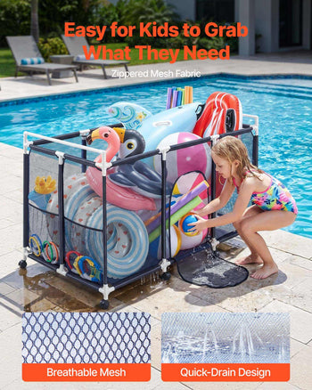 Pool Storage Bin, 62.6 x 32 x 36 in, Rolling Pool Float Storage Organizer with Side Pockets & Casters, Durable Plastic Frame, Poolside Toys Noodles Holder Mesh Basket for Swimming Pools