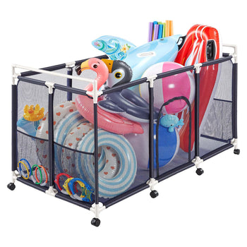Pool Storage Bin, 62.6 x 32 x 36 in, Rolling Pool Float Storage Organizer with Side Pockets & Casters, Durable Plastic Frame, Poolside Toys Noodles Holder Mesh Basket for Swimming Pools