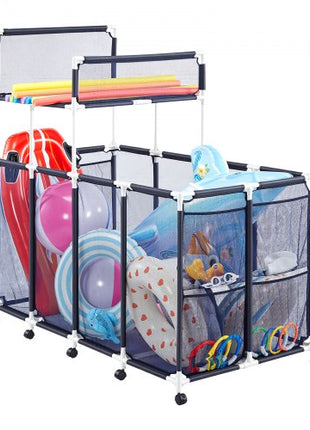 Pool Storage Bin, 64.96 x 33.46 x 64.96 in, Rolling Pool Float Storage Organizer with Side Pockets & Noodles Holder Rack, Durable Plastic Frame, Poolside Toys Mesh Basket for Swimming Pools