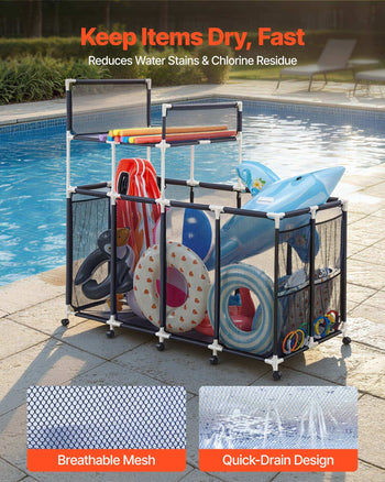 Pool Storage Bin, 64.96 x 33.46 x 64.96 in, Rolling Pool Float Storage Organizer with Side Pockets & Noodles Holder Rack, Durable Plastic Frame, Poolside Toys Mesh Basket for Swimming Pools