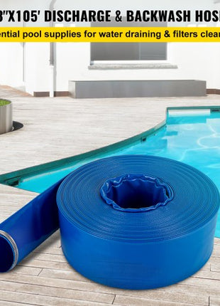 Discharge Hose, 3\" x 105\', PVC Lay Flat Hose, Heavy Duty Backwash Drain Hose with Clamps, Weather-proof & Burst-proof, Ideal for Swimming Pool & Water Transfer, Blue