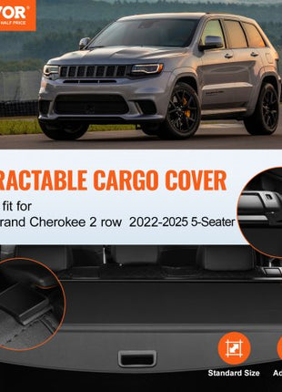 Retractable Cargo Cover, Upgraded Waterproof Trunk Cover Security Shield Shade for Jeep Grand Cherokee 2 Row 2022-2025 5-Seater, UV Proof Rear Trunk Cover Aluminum Alloy & PVC Leather Texture