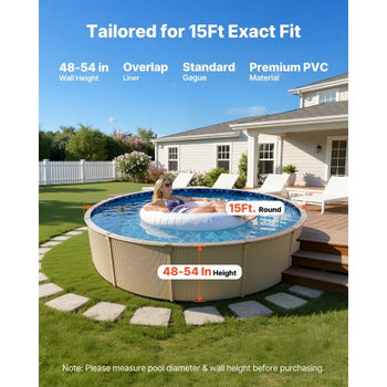 15ft Pool Liner, Round Overlap Swimming Pool Liner for 54 in Wall Height, Premium Vinyl, Easy Install with Leak-Proof Patches, Designed for Steel Sided Above-Ground,Outdoor, Boulder Swirl