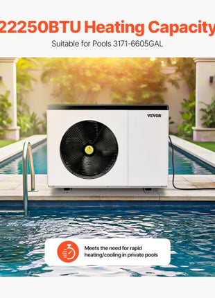Electric Pool Heat Pump, 22250 BTU, Pool Heaters for 3171-6605GAL Above and In Ground Pools, Low Noise, Heating and Cooling Highly Efficient & Energy-Saving Pool Water Heater AC120V 60Hz