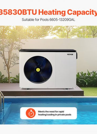 Electric Pool Heat Pump, 35830 BTU, Pool Heaters for 6605-13209GAL Above and In Ground Pools, Low Noise, Heating and Cooling Highly Efficient & Energy-Saving Pool Water Heater AC208-230V 60Hz