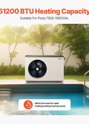 Electric Pool Heat Pump, 51200 BTU, Pool Heaters for 7926-15851GAL Above and In Ground Pools, Low Noise, Heating and Cooling Highly Efficient & Energy-Saving Pool Water Heater AC208-230V 60Hz