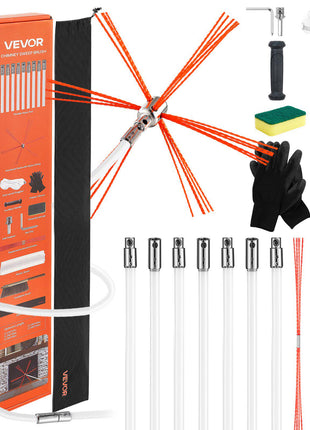 Chimney Sweep Kit, 23 ft Maximum Extendable Length Chimney Brush, Chimneys Cleaning Kit with Bristle Replacements & Goggles, 90° Bendable Fireplace Cleaning Tool, for Square, Rectangle Chimneys