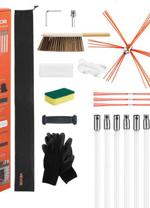 Chimney Sweep Kit, 26 ft Maximum Extendable Length Chimney Brush, Chimneys Cleaning Kit with Bristle Replacements & Goggles, 90° Bendable Fireplace Cleaning Tool, for Square, Rectangle Chimneys