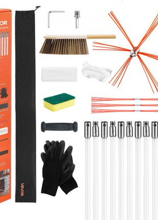 Chimney Sweep Kit, 39 ft Maximum Extendable Length Chimney Sweep, Chimneys Cleaning Kit with Bristle Replacements & Goggles, 90° Bendable Fireplace Cleaning Tool, for Square, Rectangle Chimneys
