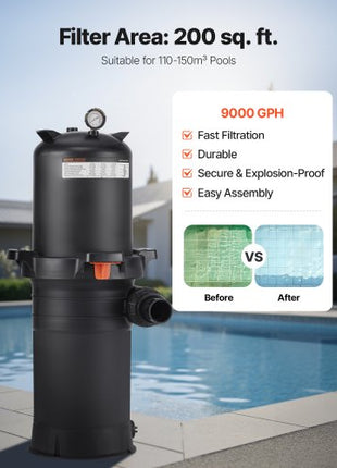 200 sq.ft² Cartridge Pool Filter Valve 9000 GPH Swimming Pool Filtration System