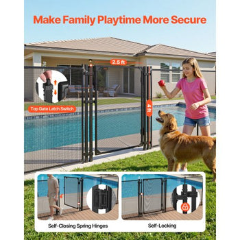 Pool Fence Gate, 4 x 2.5 ft Inground Swimming Pool Fences Gate, Outdoor Security Fencing Door Kit with Self-Closing and Self-Locking Design, 352 gsm Teslin PVC Mesh, Easy Installation, Black