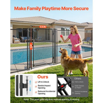 Pool Fence Gate, 4 x 2.5 ft Inground Swimming Pool Fences Gate, Outdoor Security Fencing Door Kit with Metal Latch, 352 gsm Teslin PVC Mesh, Round Tube, Lockable and Easy Installation, Black