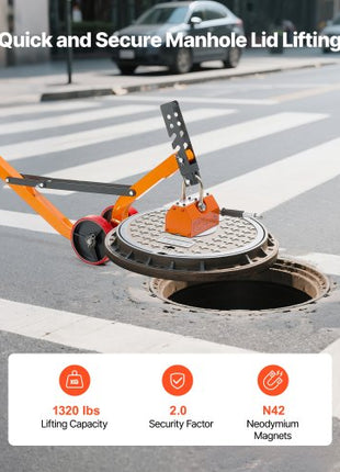Magnetic Lid Lifter Dolly, 1320 lbs Pulling Capacity, Steel Dolly with Heavy Duty Magnet Lift and 2 Wheels, Adjustable Handle, N42 Neodymium, Foldable and Portable, for Lifting Manhole Covers