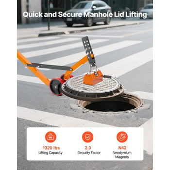 Magnetic Lid Lifter Dolly, 1320 lbs Pulling Capacity, Steel Dolly with Heavy Duty Magnet Lift and 2 Wheels, Adjustable Handle, N42 Neodymium, Foldable and Portable, for Lifting Manhole Covers