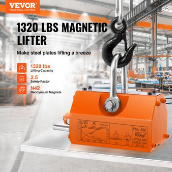 Magnetic Lifter, 1320 lbs/600kg Pulling Capacity, 2.5 Safety Factor, Steel and Neodymium, Lifting Magnet with Release, Permanent Lift Magnets, Heavy Duty Magnet for Hoist, Block, Shop Crane