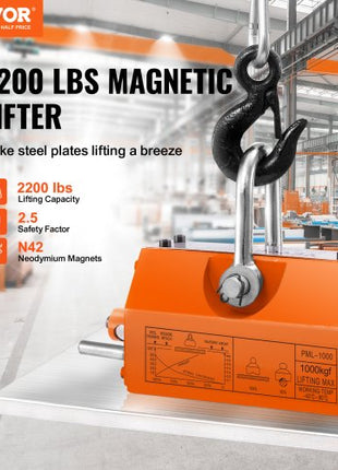 Magnetic Lifter, 2200lbs/1000kg Pulling Capacity, 2.5 Safety Factor, Neodymium & Steel, Lifting Magnet with Release, Permanent Lift Magnets, Heavy Duty Magnet for Hoist, Shop Crane, Block, Board