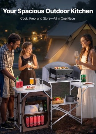 Outdoor 2-Tier Kitchen with Zippered Bag, Portable Folding Cook Table for BBQ, Party and Camping, Brown