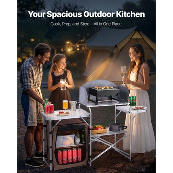 Outdoor 2-Tier Kitchen with Zippered Bag, Portable Folding Cook Table for BBQ, Party and Camping, Brown