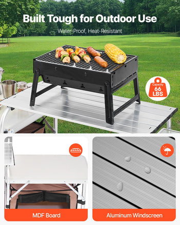 Outdoor 2-Tier Kitchen with Zippered Bag, Portable Folding Cook Table for BBQ, Party and Camping, Brown