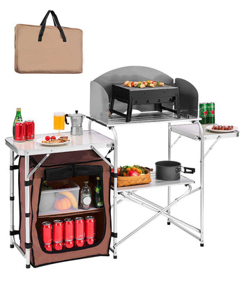 Outdoor 2-Tier Kitchen with Zippered Bag, Portable Folding Cook Table for BBQ, Party and Camping, Brown