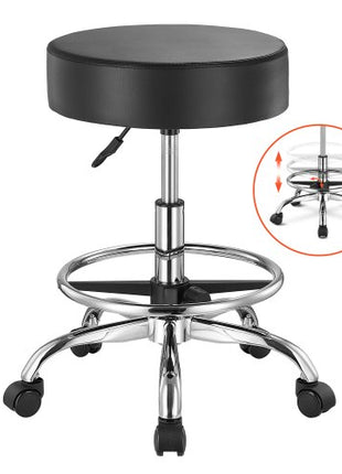 Rolling Stool with Foot Rest and Wheels, 450 LBS Weight Capacity Round Rolling Stool Chair, Height Adjustable Thickened PU Leather Swivel Stool for Salon, Spa, Massage, Tattoo, Clinic, Black