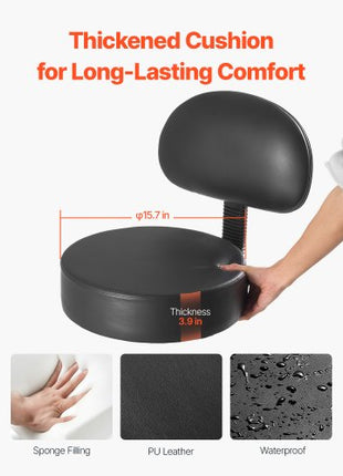Rolling Stool with Back Support and Wheels, 450 LBS Weight Capacity Round Rolling Stool Chair, Height Adjustable Thickened PU Leather Swivel Stool for Salon, Spa, Massage, Tattoo, Clinic, Black
