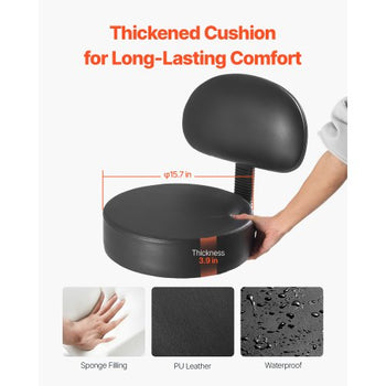 Rolling Stool with Back Support and Wheels, 450 LBS Weight Capacity Round Rolling Stool Chair, Height Adjustable Thickened PU Leather Swivel Stool for Salon, Spa, Massage, Tattoo, Clinic, Black