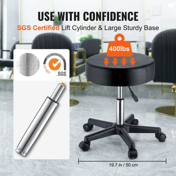 Black faux leather stool with adjustable height, sturdy chrome base, and SGS certified lift cylinder, supports 400 lbs.