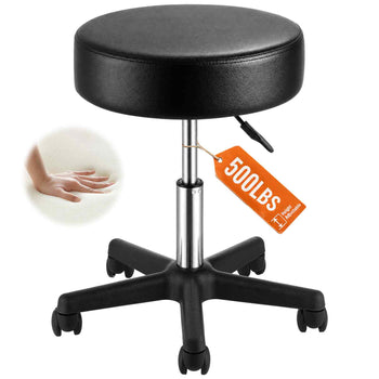 Black faux leather adjustable stool with chrome base, supports up to 500 lbs, perfect for home or office use.