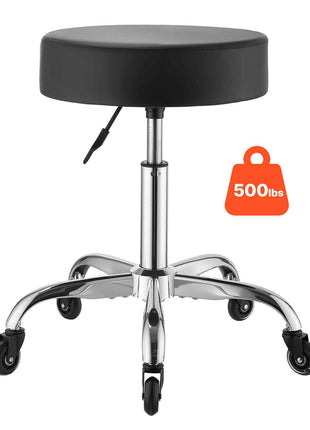 Rolling Stool with Wheels, 500 lbs Weight Capacity, Height Adjustable, Quiet Casters, Thick Cushion Ergonomic PU Leather Seat, 360° Swivel Round Rolling Stool Chair for Salon, Clinic, Black