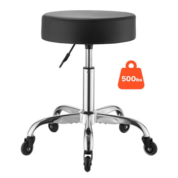 Rolling Stool with Wheels, 500 lbs Weight Capacity, Height Adjustable, Quiet Casters, Thick Cushion Ergonomic PU Leather Seat, 360° Swivel Round Rolling Stool Chair for Salon, Clinic, Black