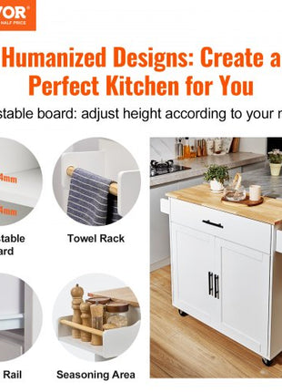 Kitchen Island Cart with Solid Wood Top, 35.4" Width Mobile Carts with Storage Cabinet, Rolling Kitchen Table with Spice Rack, Towel Rack, Drop Leaf and Drawer, Portable Islands on Wheels, White