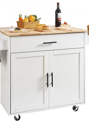 Kitchen Island Cart with Solid Wood Top, 35.4" Width Mobile Carts with Storage Cabinet, Rolling Kitchen Table with Spice Rack, Towel Rack, Drop Leaf and Drawer, Portable Islands on Wheels, White