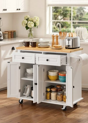 Kitchen Island Cart with Solid Wood Top, 35.4" Width Mobile Carts with Storage Cabinet, Rolling Kitchen Table with Spice Rack, Towel Rack, and Drawer, Portable Islands on Wheels, White