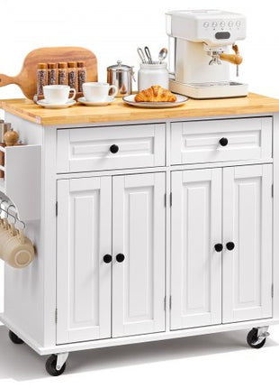 Kitchen Island Cart with Solid Wood Top, 35.4" Width Mobile Carts with Storage Cabinet, Rolling Kitchen Table with Spice Rack, Towel Rack, and Drawer, Portable Islands on Wheels, White