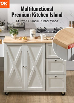 Kitchen Island Cart with Solid Wood Top, 45.3" Width Mobile Carts with Storage Cabinet, Rolling Kitchen Table with Spice Rack, Towel Rack, Drop Leaf and Drawer, Portable Islands on Wheels, White