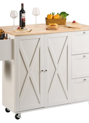 Kitchen Island Cart with Solid Wood Top, 45.3" Width Mobile Carts with Storage Cabinet, Rolling Kitchen Table with Spice Rack, Towel Rack, Drop Leaf and Drawer, Portable Islands on Wheels, White