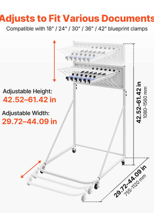 Blueprint Storage Rack, Steel, Mobile Adjustable Blueprint Holder with 6 Pack of 24 Inch Aluminum Clamps, 4 Wheels, Display Rack Storage Organizer Stand, for File Display Plan Poster Office Home