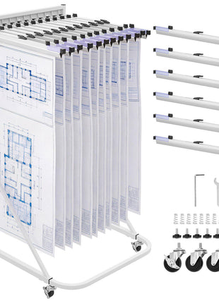 Blueprint Storage Rack, Steel, Mobile Adjustable Blueprint Holder with 6 Pack of 24 Inch Aluminum Clamps, 4 Wheels, Display Rack Storage Organizer Stand, for File Display Plan Poster Office Home