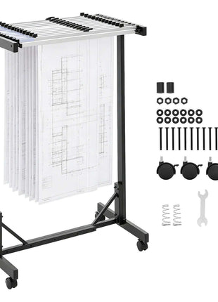 Blueprint Storage Rack, Steel, Mobile Adjustable Blueprint Holder with 12 Pack of 30 Inch Aluminum Clamps, Wheels, Display Rack Storage Organizer Stand, for File Display Plan Poster Office Home