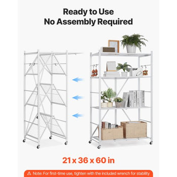 4-Tier Foldable Storage Shelf, 36W x 21D x 60 H Inch Folding Metal Rack Shelving Unit, No Assembly Organizer Shelf with 5 Wheels & 4 Hooks for Pantry, Kitchen, Garage, Basement, White