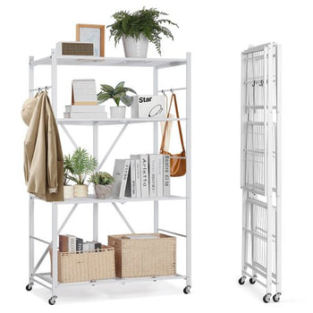 4-Tier Foldable Storage Shelf, 36W x 21D x 60 H Inch Folding Metal Rack Shelving Unit, No Assembly Organizer Shelf with 5 Wheels & 4 Hooks for Pantry, Kitchen, Garage, Basement, White