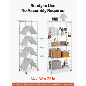 5-Tier Foldable Storage Shelf, 32W x 14D x 72H Inch Folding Metal Rack Shelving Unit, No Assembly Organizer Shelf with 5 Wheels & 4 Hooks for Pantry, Kitchen, Garage, Basement, White
