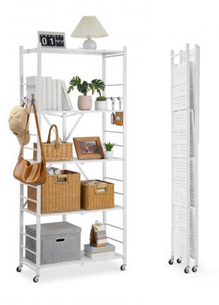 5-Tier Foldable Storage Shelf, 32W x 14D x 72H Inch Folding Metal Rack Shelving Unit, No Assembly Organizer Shelf with 5 Wheels & 4 Hooks for Pantry, Kitchen, Garage, Basement, White