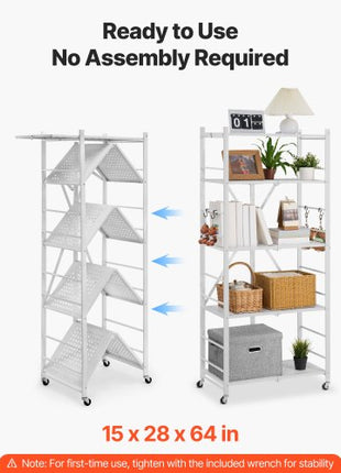 5-Tier Foldable Storage Shelf, 28 W x 15D x 64H Inch Folding Metal Rack Shelving Unit, No Assembly Organizer Shelf with 5 Wheels & 4 Hooks for Pantry, Kitchen, Garage, Basement, White