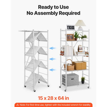 5-Tier Foldable Storage Shelf, 28 W x 15D x 64H Inch Folding Metal Rack Shelving Unit, No Assembly Organizer Shelf with 5 Wheels & 4 Hooks for Pantry, Kitchen, Garage, Basement, White