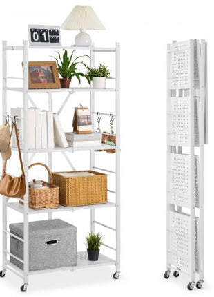 5-Tier Foldable Storage Shelf, 28 W x 15D x 64H Inch Folding Metal Rack Shelving Unit, No Assembly Organizer Shelf with 5 Wheels & 4 Hooks for Pantry, Kitchen, Garage, Basement, White