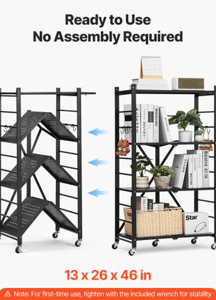 4-Tier Foldable Storage Shelf, 26W x 13D x 46H Inch Folding Metal Rack Shelving Unit, No Assembly Organizer Shelf with 5 Wheels & 4 Hooks for Pantry, Kitchen, Garage, Basement, Black